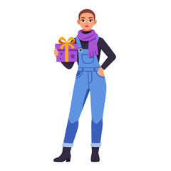 Denim overalls woman with large purple gift box in hand