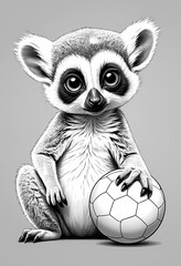 Cute lemur playing with a ball, simple black and white preschool coloring page