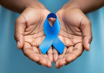 Closeup of hands holding a blue awareness ribbon, symbolizing support for prostate cancer or mens health initiatives