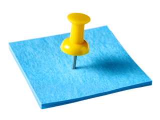 bright blue sticky note paper with yellow push pin isolated on white or transparent png