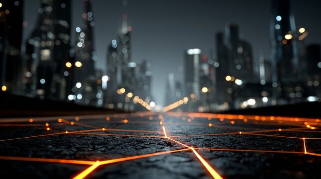 Dynamic glowing network lines illuminate a dark, futuristic cityscape, symbolizing connectivity and digital transformation in urban environments.