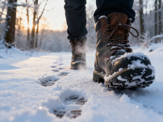 Close up of hiking boots walking on snowy trail forest during winter sunrise.