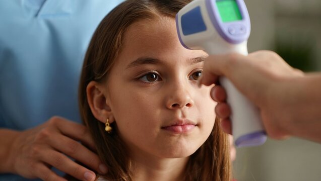 Healthcare worker measuring child temperature with infrared thermometer during medical checkup.