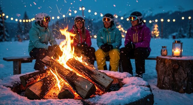 Group of skiers warming up by campfire in snowy mountain night with festive lights and cozy winter atmosphere.