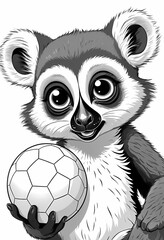 Cute lemur playing with a ball, simple black and white preschool coloring page