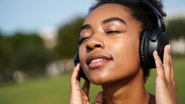 Young woman enjoying music with headphones outdoors in a relaxation and carefree moment.