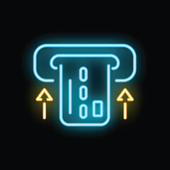Glowing neon atm machine withdrawing money from credit card icon isolated on black background