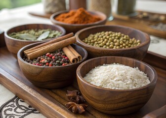 Spices and rice in wooden bowls