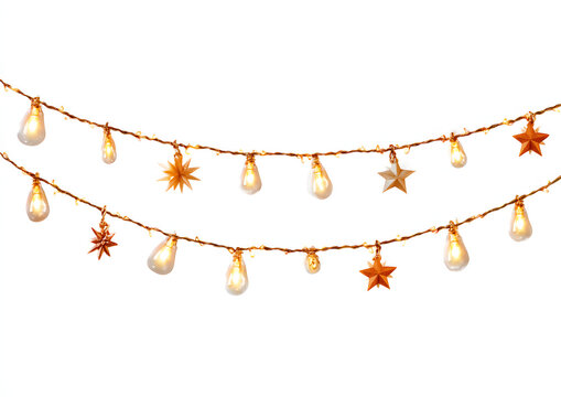 Christmas garland string lights shining with bright bulbs, glowing seasonal star and holiday decoration png.