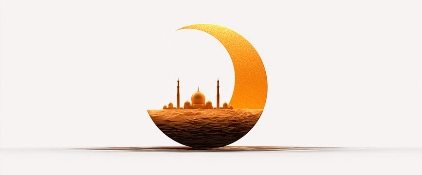 Golden Crescent Moon Logo with Mosque Silhouette Islamic Symbol Design
