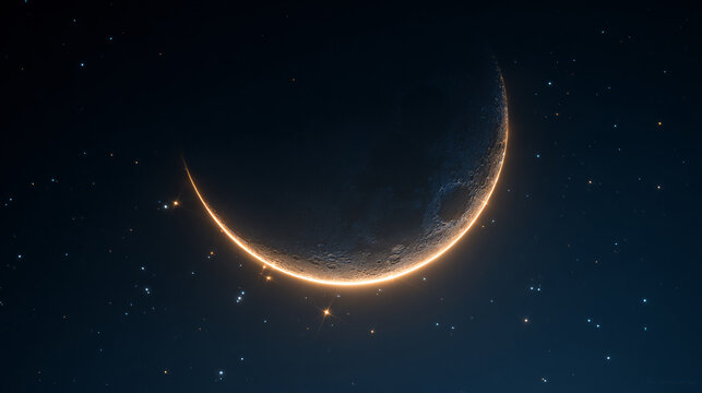 Golden Crescent Moon in Starry Night Sky Islamic Ramadan Spiritual Background