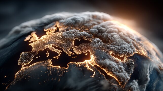 Stunning view of Earth from space at night, illuminated by glowing city lights and dramatic clouds, showcasing global connectivity and progress.