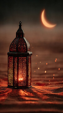 Traditional Arabic Lantern with Crescent Moon on Desert Background at Sunset