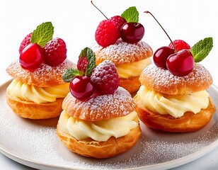 Exquisite pastry delights present elegant cream puffs adorned with fresh raspberries, cherri.jpg