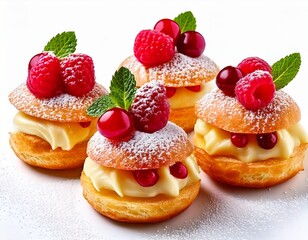 Exquisite pastry delights present elegant cream puffs adorned with fresh raspberries, cherri.jpg