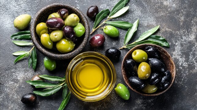 Fresh olives and olive oil in rustic bowls, perfect for Mediterranean cuisine and healthy eating - Powered by Adobe