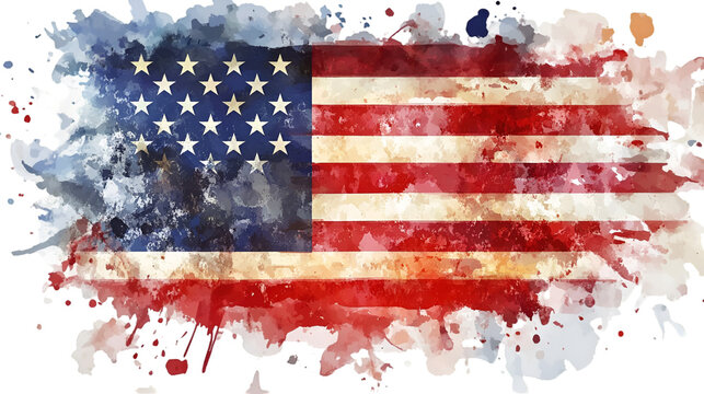 Watercolor painting of the american flag isolated on transparent background for independence day