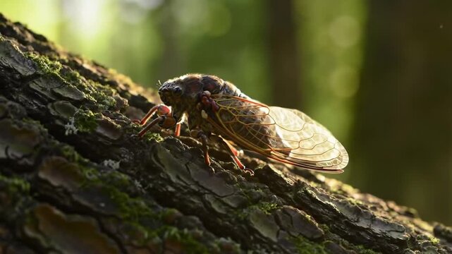 A cicada insect sits on a textured tree trunk with green moss and leaves in the background