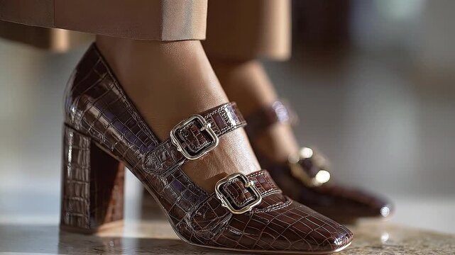 Glossy brown crocodilepatterned squaretoe shoes with gold buckles are shown with a softfocus background