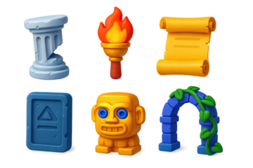 Ancient Ruins Icons. 3D icon set of ancient ruins exploration: broken column, torch, old scroll, stone tablet, golden idol,