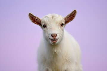 Obraz premium Portrait of a cute white goat against a pastel purple background close up studio shot