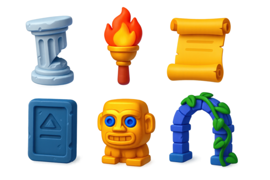 Ancient Ruins Icons. 3D icon set of ancient ruins exploration: broken column, torch, old scroll, stone tablet, golden idol,