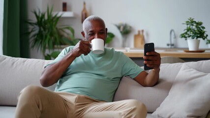 Smiling mature african american man relaxing on a sofa, holding a white mug, and making a video call on his smartphone, connecting with family or friends