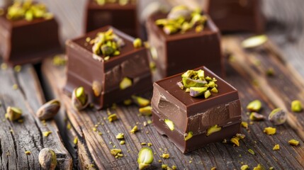 Obraz premium Chocolate squares topped with crushed pistachios on a rustic wooden surface. The scene highlights gourmet dessert presentation.