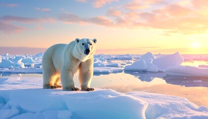 Majestic polar bear standing on ice floe at sunset.