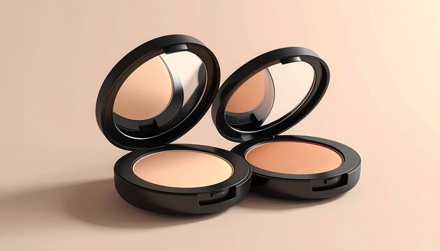 Two open compact makeup cases with round mirrors, placed on a light beige surface. One contains a light ivory product, the other a medium tan shade. Minimalist composition emphasizing cosmetic eleganc