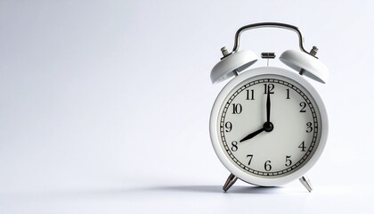 A large white analog alarm clock showing 10:10, placed on a plain white background. A miniature figure in business attire with a briefcase walks beside the clock, creating a symbolic contrast in scale