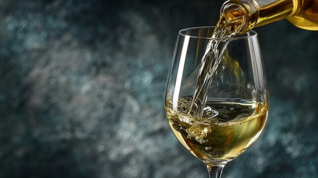 Elegant white wine pouring into glass with bubbles, perfect for luxury lifestyle, celebration and events