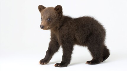 Brown Bear Cub Lying Calmly on White Background Close-Up