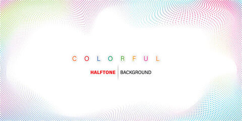 Colorful halftone dot frame background with smooth rainbow gradient waves surrounding a clean white center, vibrant pastel dots forming an elegant abstract border ideal for web banners, presentations