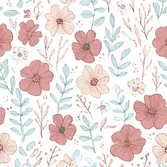 Seamless floral pattern with hand-drawn flowers and leaves. Botanical background in pastel pink and green. Vector illustration for fabric or wallpaper.