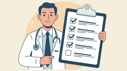 Doctor holding a clipboard with checklist and pointing at it