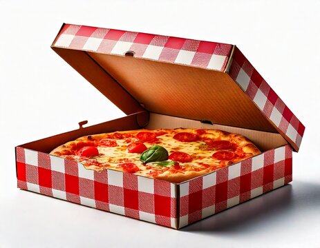 Fresh Margherita pizza with tomatoes and basil sits ready to enjoy in a red and white checke.jpg