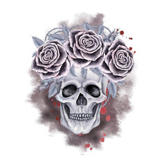 A skull in a wreath of roses and leaves in gray tones against a background of dark watercolor spots and red splashes. For printing, posters, T-shirts.
