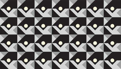A seamless geometric pattern featuring a modern monochrome palette of black, gray, and off-white. The design consists of repeating triangular and angular shapes arranged in a structured grid