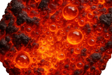 Molten lava surface with glowing hot bubbles, boiling magma texture, and volcanic rock detail, transparent background