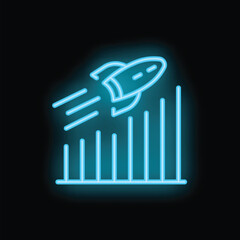 Neon rocket flying over increasing bar chart representing successful startup business project