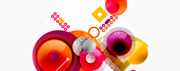 Abstract geometric shapes overlap, creating vibrant composition. Circles, squares, lines form modern design. Colors include red, orange, yellow.