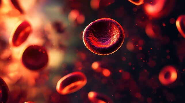 A close up view of red blood cells flowing in a bright and vibrant red colored environment around them - Powered by Adobe