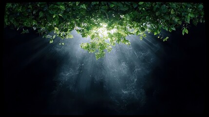 Sunlight beams pierce through dense green foliage and ethereal mist, illuminating the darkness with a mystical glow.