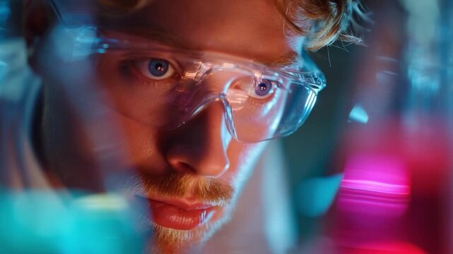 Scientist's Introspection: A focused scientist, shielded by protective eyewear, delves deep into a research experiment, radiating intelligence and curiosity amidst the laboratory's vibrant hues.