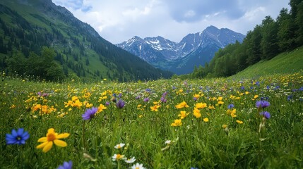 A vibrant meadow filled with wildflowers and snow capped mountains in the background on a cloudy day
