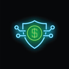 Neon shield protecting dollar sign representing online banking security and financial safety