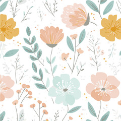 Cute floral seamless pattern in pastel colors. Vector illustration with pink, purple, and teal flowers. Spring background for fabric and wallpaper.