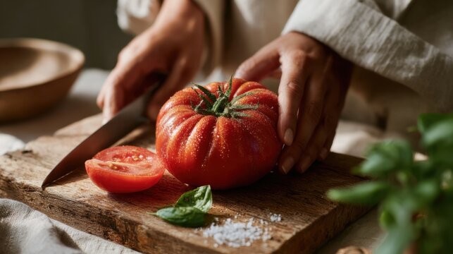 Tomato Slicing Focus — Hands Calmly Cutting Fresh Heirloom Tomato with Knife on Rustic Wooden Board, natural light food styling for healthy cooking and recipe