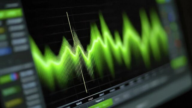 Green audio waveform displayed on a monitor screen with a sharp vertical line